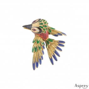 Asprey Yellow Gold Diamond, Ruby and Enamel Woodpecker Brooch